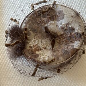 Vintage Brown Floral Pillbox Hat with Veil
